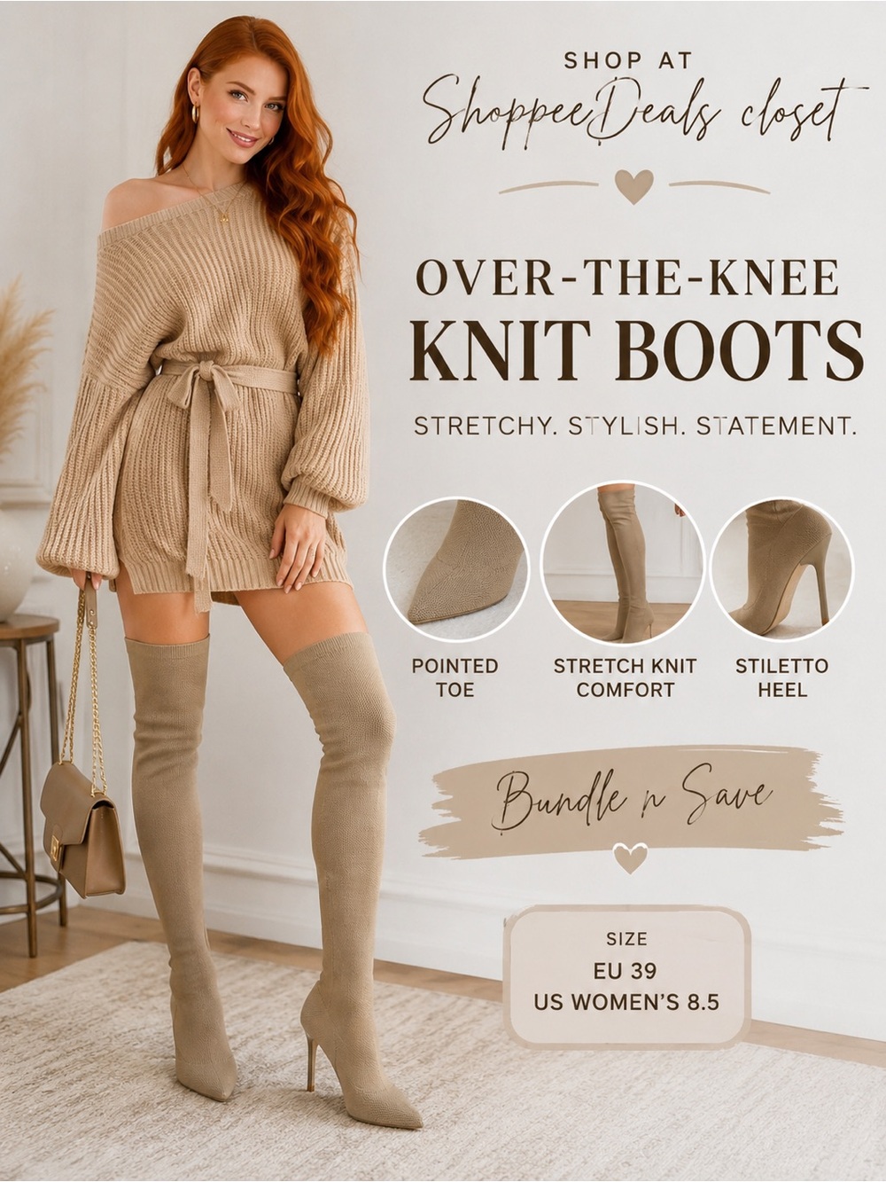 Beige Stretch Knit Over-the-Knee Sock Boots Size 39 Pointed Toe Stiletto Heel